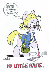 Size: 1812x2618 | Tagged: safe, artist:jay fosgitt, artist:katiecandraw, idw, oc, oc only, ponysona, species:earth pony, species:pony, artist, blonde, clothing, comic, dexterous hooves, drawing, eyebrows, female, glasses, hoof hold, jacket, joke, katie cook, lampshade hanging, looking down, mare, paint, painting, parody, satchel, shirt, solo