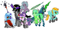 Size: 9000x4200 | Tagged: safe, artist:ggalleonalliance, artist:osipush, idw, character:coco pommel, character:king sombra, character:lightning dust, character:queen chrysalis, character:radiant hope, character:suri polomare, character:trixie, species:changeling, species:earth pony, species:pegasus, species:pony, species:unicorn, absurd resolution, alternate universe, armor, bad end, chains, changeling queen, cursed union, dark magic, female, ghost, glowing eyes, glowing horn, harem, heroes of might and magic, king sombra gets all the mares, lucky bastard, magic, male, mare, ponies of flight and magic, simple background, sombra eyes, spear, staff, stallion, telekinesis, transparent background, weapon