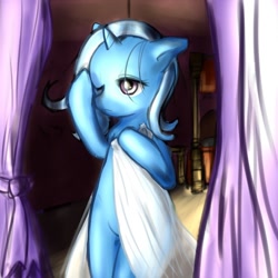 Size: 500x500 | Tagged: safe, artist:atticus83, character:trixie, species:pony, species:unicorn, bipedal, female, floppy ears, mare, morning ponies, sheet, solo