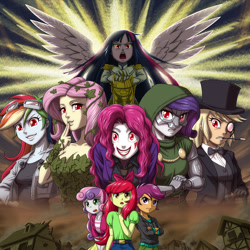 Size: 1200x1200 | Tagged: safe, artist:uotapo, idw, character:apple bloom, character:applejack, character:fluttershy, character:pinkie pie, character:rainbow dash, character:rarity, character:scootaloo, character:sweetie belle, character:twilight sparkle, species:pegasus, species:pony, my little pony:equestria girls, breasts, busty fluttershy, clothing, colored pupils, cosplay, costume, cutie mark crusaders, dc comics, doctor doom, doctor doomity, female, kill la kill, mane six, marvel comics, pinkie joker, poison ivy, poison ivyshy, ponies of dark water, quicksilver (marvel comics), red eyes, satsuki kiryuin, scepter, the joker, the penguin, twilight scepter, tyrant sparkle