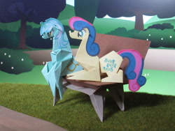 Size: 3648x2736 | Tagged: safe, artist:malte279, character:bon bon, character:lyra heartstrings, character:sweetie drops, species:earth pony, species:pony, species:unicorn, bench, craft, featured on derpibooru, origami, papercraft, prone, sitting, sitting lyra