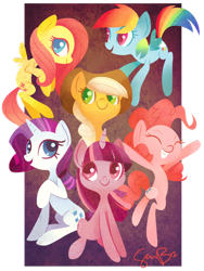 Size: 600x800 | Tagged: safe, artist:sambragg, character:applejack, character:fluttershy, character:pinkie pie, character:rainbow dash, character:rarity, character:twilight sparkle, species:earth pony, species:pegasus, species:pony, species:unicorn, colored pupils, female, flying, happy, mane six, mare, open mouth, signature, smiling