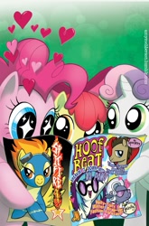 Size: 800x1213 | Tagged: safe, artist:amy mebberson, idw, official comic, character:apple bloom, character:dj pon-3, character:doctor whooves, character:hoity toity, character:pinkie pie, character:spitfire, character:sweetie belle, character:time turner, character:vinyl scratch, comic, cover, idw advertisement