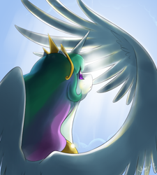 Size: 720x800 | Tagged: safe, artist:jiayi, character:princess celestia, species:alicorn, species:pony, female, mare, rear view, solo, sun, wings