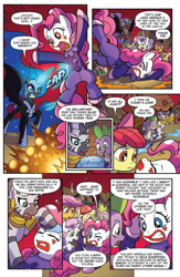 Size: 994x1528 | Tagged: safe, artist:tonyfleecs, idw, official comic, character:apple bloom, character:nightmare moon, character:pinkie pie, character:princess luna, character:scootaloo, character:spike, character:sweetie belle, character:zecora, species:dragon, species:pegasus, species:pony, species:zebra, clothing, clown, comic, cutie mark crusaders, dialogue, ear piercing, earring, ethereal mane, face paint, female, galaxy mane, helmet, hoof shoes, jewelry, leg rings, male, mare, neck rings, nightmare moon glamour, peytral, piercing, ponies of dark water, preview, speech bubble