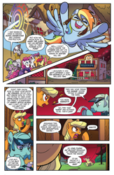 Size: 994x1528 | Tagged: safe, artist:tonyfleecs, idw, official comic, character:apple bloom, character:applejack, character:pinkie pie, character:rainbow dash, character:scootaloo, character:spike, character:sweetie belle, character:zecora, species:earth pony, species:pegasus, species:pony, species:unicorn, species:zebra, g4, my little pony: friendship is magic, clothing, clown, comic, cropped, cutie mark crusaders, dialogue, donaldjack, ear piercing, earring, face paint, facial hair, female, filly, foal, goggles, jewelry, leg rings, male, mare, moustache, neck rings, piercing, ponies of dark water, preview, sonic rainboom, speech bubble, stallion, telegraph
