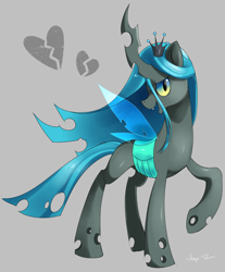 Size: 1118x1353 | Tagged: safe, artist:jiayi, character:queen chrysalis, species:changeling, blue changeling, changeling queen, fangs, female, frown, raised hoof, signature, simple background, smiling, solo, standing