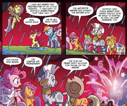 Size: 1321x1110 | Tagged: safe, artist:tonyfleecs, idw, official comic, character:apple bloom, character:applejack, character:fluttershy, character:pinkie pie, character:rainbow dash, character:scootaloo, character:spike, character:sweetie belle, character:zecora, species:earth pony, species:pegasus, species:pony, species:unicorn, species:zebra, comic, cropped, cutie mark, cutie mark crusaders, dialogue, ear piercing, earring, female, filly, foal, jewelry, mare, neck rings, piercing, ponies of dark water, rain, red sky, speech bubble, the cmc's cutie marks, twilight's castle