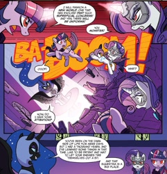 Size: 1356x1407 | Tagged: safe, artist:tonyfleecs, idw, official comic, character:nightmare moon, character:princess luna, character:rarity, character:twilight sparkle, character:twilight sparkle (alicorn), species:alicorn, species:pony, cape, cloak, clothing, comic, cropped, dialogue, doctor doomity, ethereal mane, female, galaxy mane, glowing horn, helmet, hood, horn, mare, mask, nightmare moon glamour, peytral, ponies of dark water, red eyes, scarf, speech bubble