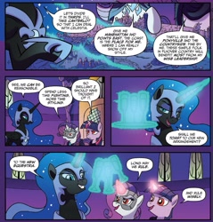 Size: 1333x1395 | Tagged: safe, artist:tonyfleecs, idw, official comic, character:nightmare moon, character:princess luna, character:rarity, character:twilight sparkle, character:twilight sparkle (alicorn), species:alicorn, species:pony, species:unicorn, comic, cropped, cutie map, dialogue, doctor doomity, drinking glass, ethereal mane, female, galaxy mane, glass, magic, magic aura, mare, mask, nightmare moon glamour, ponies of dark water, red eyes, speech bubble, telekinesis, toasting