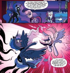Size: 1360x1414 | Tagged: safe, artist:tonyfleecs, idw, official comic, character:nightmare moon, character:princess luna, character:rarity, character:twilight sparkle, character:twilight sparkle (alicorn), species:alicorn, species:pony, armor, blast, cape, clothing, comic, cropped, dialogue, duo, ethereal mane, female, galaxy mane, magic, magic blast, mare, mask, nightmare moon glamour, ponies of dark water, red eyes, scarf, speech bubble