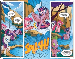 Size: 1321x1038 | Tagged: safe, artist:tonyfleecs, idw, official comic, character:pinkie pie, character:rarity, character:spike, character:twilight sparkle, character:twilight sparkle (alicorn), species:alicorn, species:earth pony, species:pony, species:unicorn, comic, cropped, dialogue, female, hot springs, mare, ponies of dark water, pushing, speech bubble, splash, water