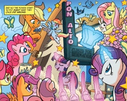 Size: 1345x1070 | Tagged: safe, artist:tonyfleecs, idw, official comic, character:apple bloom, character:applejack, character:fluttershy, character:pinkie pie, character:rainbow dash, character:rarity, character:scootaloo, character:sweetie belle, character:twilight sparkle, character:twilight sparkle (alicorn), species:alicorn, species:bird, species:earth pony, species:pegasus, species:pony, species:unicorn, broom, butterfly, cropped, cutie mark crusaders, female, filly, flower, foal, magic, magic aura, mane six, mare, ponies of dark water, quantum leap, sweeping, sweepsweepsweep, telekinesis, theater