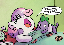 Size: 809x571 | Tagged: safe, idw, character:spike, character:sweetie belle, sleeping, spike plushie, zzz