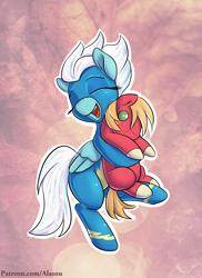 Size: 1200x1650 | Tagged: safe, artist:alasou, idw, character:big mcintosh, character:fleetfoot, species:pegasus, species:pony, bipedal, clothing, crush plush, cute, diafleetes, eyes closed, featured on derpibooru, female, fleetmac, happy, latex, mare, open mouth, patreon, plushie, pony plush, shipping, smiling, solo, straight, wonderbolts uniform