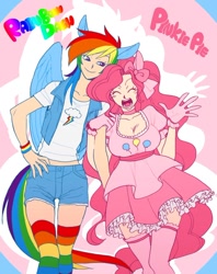 Size: 750x945 | Tagged: safe, artist:qpqp, character:pinkie pie, character:rainbow dash, species:human, ship:pinkiedash, breasts, busty pinkie pie, clothing, dress, eared humanization, female, humanized, lesbian, midriff, rainbow socks, shipping, socks, striped socks, tailed humanization, winged humanization