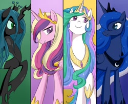 Size: 980x796 | Tagged: safe, artist:keterok, character:princess cadance, character:princess celestia, character:princess luna, character:queen chrysalis, species:alicorn, species:changeling, species:pony, changeling queen, column lineup, female, mare, panels