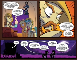Size: 1353x1056 | Tagged: safe, artist:tonyfleecs, idw, official comic, character:applejack, character:buffalo bull, species:earth pony, species:pony, calamity mane, clothing, comic, cowboy hat, facial hair, female, hat, male, mare, moustache, stallion, wagon