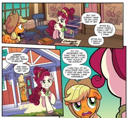 Size: 1336x1243 | Tagged: safe, artist:tonyfleecs, idw, official comic, character:applejack, character:cherry jubilee, species:earth pony, species:pony, angry, comic, duo, female, floppy ears, mare