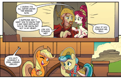 Size: 1334x871 | Tagged: safe, artist:tonyfleecs, idw, official comic, character:applejack, character:buffalo bull, character:cherry jubilee, species:earth pony, species:pony, braid, calamity mane, clothing, comic, cowboy hat, facial hair, female, hat, male, mare, moustache, stallion