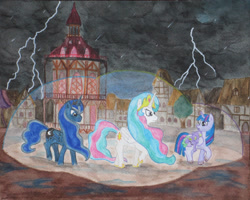 Size: 3344x2680 | Tagged: safe, artist:malte279, character:princess celestia, character:princess luna, character:spike, character:twilight sparkle, character:twilight sparkle (alicorn), species:alicorn, species:pony, aquarelle, fanfic, fanfic art, lessons in quirks, lightning, night, ponyville, rain, thunderstorm