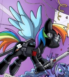 Size: 313x349 | Tagged: safe, idw, character:princess luna, character:rainbow dash, clothing, costume, g.i. joe, outfit catalog, snake eyes, sword, weapon