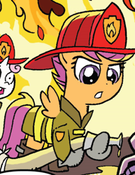Size: 313x405 | Tagged: safe, idw, character:scootaloo, character:sweetie belle, species:pegasus, species:pony, friends forever, firefighter, outfit catalog