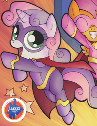 Size: 1570x2022 | Tagged: safe, idw, character:scootaloo, character:sweetie belle, species:pegasus, species:pony, clothing, costume, outfit catalog, superhero