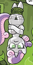 Size: 240x468 | Tagged: safe, idw, character:sweetie belle, species:pony, species:unicorn, sweetie bot, friends forever, :<, female, filly, glare, hooves, horn, lidded eyes, outfit catalog, robot, robot pony, rope, solo, suspended, sweetie belle is not amused, tied up, unamused, upside down