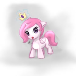Size: 750x750 | Tagged: safe, artist:atticus83, character:princess celestia, species:alicorn, species:pony, :o, cewestia, cute, female, filly, floppy ears, gradient background, levitation, looking at you, magic, open mouth, pink-mane celestia, smiling, solo, telekinesis, younger