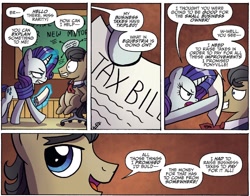 Size: 1306x1026 | Tagged: safe, artist:agnesgarbowska, idw, official comic, character:filthy rich, character:rarity, species:pony, angry, comic, cropped, dialogue, female, horse taxes, male, mare, reality ensues, speech bubble, stallion, taxes