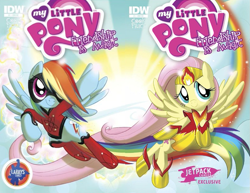 Size: 821x634 | Tagged: safe, artist:amy mebberson, idw, official comic, character:fluttershy, character:rainbow dash, atomic rainboom, comic, cover, idw advertisement, jetpack comics, larry's comics, superhero
