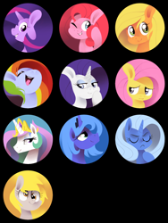 Size: 900x1200 | Tagged: safe, artist:karzahnii, character:applejack, character:derpy hooves, character:fluttershy, character:pinkie pie, character:princess celestia, character:princess luna, character:rainbow dash, character:rarity, character:trixie, character:twilight sparkle, species:alicorn, species:earth pony, species:pegasus, species:pony, species:unicorn, bust, button, custom, eyes closed, female, grin, hooves, horn, irl, jewelry, lineless, mane six, mare, one eye closed, open mouth, photo, pin, portrait, regalia, s1 luna, smiling, teeth, tiara, toy