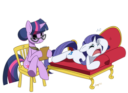 Size: 800x580 | Tagged: safe, artist:jiayi, character:rarity, character:twilight sparkle, anatomically incorrect, chair, couch, crossed legs, crying, fainting couch, frown, glasses, hair bun, incorrect leg anatomy, lounge, marshmelodrama, pixiv, psychology, quill, simple background, therapist, twilight's professional glasses