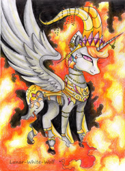 Size: 2461x3358 | Tagged: safe, artist:lunar-white-wolf, idw, official comic, character:nightmare star, character:princess celestia, species:alicorn, species:pony, armor, corrupted, evil, fire, jewelry, queen, rapidash, solo, traditional art