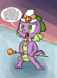 Size: 2756x3720 | Tagged: safe, artist:chiptunebrony, idw, character:barb, character:spike, accessories, angry, angry eyes, cap, cleric, clothing, comic style, confrontation, defending, dusk, emblem, final battle, glow, guardians of harmony, hat, ice, idw publishing, nightfall, orb, reflection, ribbon, rod, rule 63, solo, staff, style emulation