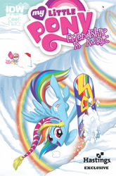 Size: 1032x1566 | Tagged: safe, artist:amy mebberson, idw, official, official comic, character:fluttershy, character:rainbow dash, backwards cutie mark, clothing, comic, cover, idw advertisement, snow, snowboard, snowboarding, winter