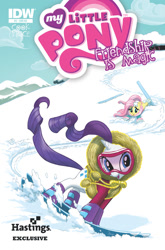 Size: 659x1000 | Tagged: safe, artist:amy mebberson, idw, official, official comic, character:fluttershy, character:rarity, clothing, coat, comic, cover, goggles, hastings comics, skiing, skis, snow, winter
