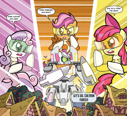 Size: 1395x1266 | Tagged: safe, artist:tonyfleecs, edit, idw, character:apple bloom, character:scootaloo, character:sweetie belle, species:draconequus, species:earth pony, species:pegasus, species:pony, species:unicorn, friends forever, comic, cutie mark crusaders, cutiezord, dialogue, female, filly, foal, giant robot, hmd, male, mecha, speech bubble, voltron