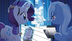 Size: 1136x640 | Tagged: safe, idw, character:rarity, character:sapphire shores, character:trixie, species:pony, species:unicorn, clipboard, curtains, headphones, microphone, paper, plot, rearity, stage, upscaled
