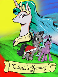 Size: 3000x4000 | Tagged: safe, artist:astroanimations, idw, character:king sombra, character:princess celestia, character:radiant hope, comic:celestia's yearning, ship:celestibra, ship:hopebra, comic, cover art, male, reformed sombra, shipping, straight
