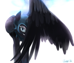 Size: 1096x923 | Tagged: safe, artist:jiayi, character:nightmare moon, character:princess luna, species:alicorn, species:pony, covering, evil grin, grin, looking at you, simple background, smiling, solo, white background, wing covering