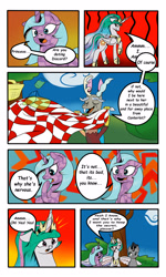 Size: 3000x5000 | Tagged: safe, artist:astroanimations, idw, character:discord, character:king sombra, character:princess celestia, character:radiant hope, comic:celestia's yearning, ship:dislestia, ship:hopebra, angry, comic, male, picnic, reformed sombra, shipping, straight