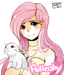Size: 403x474 | Tagged: safe, artist:suikuzu, character:angel bunny, character:fluttershy, species:human, species:rabbit, bust, female, humanized, looking at you, pet, solo