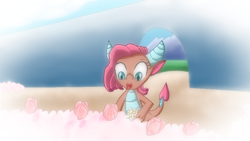 Size: 758x427 | Tagged: dead source, safe, artist:chiptunebrony, idw, character:mina, species:dragon, friends forever, anime, blurry, bouquet, cherry blossoms, claws, cute, daisy (flower), dragoness, fake screencap, fangs, female, flashback, flower, gateway, horns, kneeling, minabetes, mountain, open mouth, path, picking, rose, scenery, smiling, solo