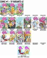 Size: 1870x2300 | Tagged: safe, idw, character:apple bloom, character:derpy hooves, character:dj pon-3, character:fluttershy, character:gummy, character:pinkie pie, character:princess celestia, character:rainbow dash, character:rarity, character:soarin', character:spike, character:spitfire, character:sweetie belle, character:twilight sparkle, character:vinyl scratch, character:winona, character:zecora, species:zebra, comics, idw advertisement, text