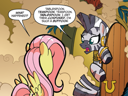 Size: 1365x1022 | Tagged: safe, artist:tonyfleecs, idw, official comic, character:fluttershy, character:zecora, species:pegasus, species:pony, species:zebra, friends forever, cropped, dialogue, duo, ear piercing, earring, everfree forest, female, jewelry, leg rings, mare, neck rings, piercing, smoke, speech bubble, zecora's hut
