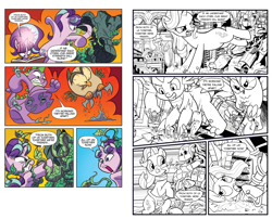 Size: 2296x1852 | Tagged: safe, artist:jay fosgitt, artist:pencils, idw, official comic, character:owlowiscious, character:spike, character:starlight glimmer, character:twilight sparkle, character:twilight sparkle (alicorn), species:alicorn, species:dragon, species:owl, species:pony, species:unicorn, abstract background, bipedal, book, castle of the royal pony sisters, comic, comparison, female, lineart, male, mare, orange background, redraw, scene interpretation, simple background, squirm-spore, take that