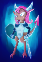 Size: 1378x2039 | Tagged: safe, artist:chiptunebrony, idw, character:mina, species:dragon, accessories, armor, blue, blurry, claws, clothing, fantasy class, gloves, glow, knight, mane swap, paladin, shield, shiny, style emulation, sword, warrior, weapon