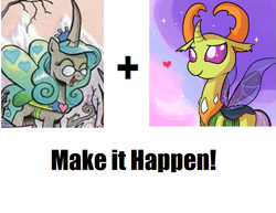 Size: 697x539 | Tagged: safe, artist:tjpones, edit, idw, character:queen chrysalis, character:thorax, species:reformed changeling, episode:to where and back again, g4, my little pony: friendship is magic, equestria-3, exploitable meme, glasses, heart, make it happen, meme, reversalis, smiling